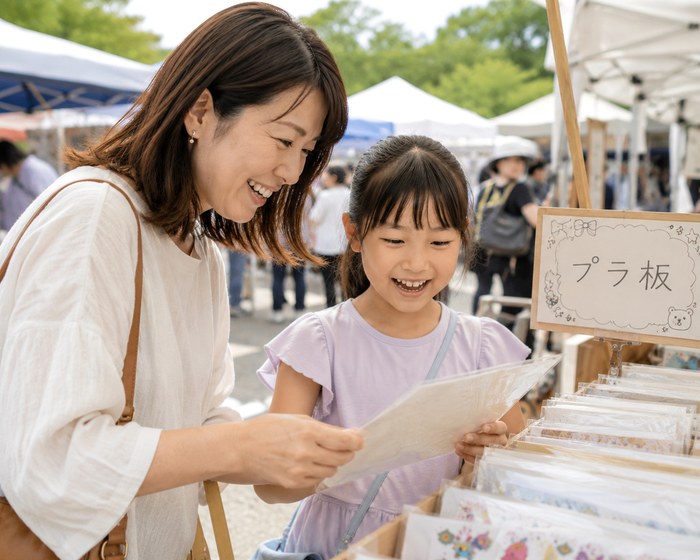 マルシェでプラ板雑貨を親子で選んでいる様子
